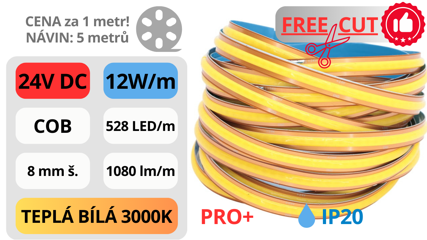LED pásek COB 24V / 480LED / 12W / 3000K / IP20 / 8mm / PRO+ FREE-CUT
